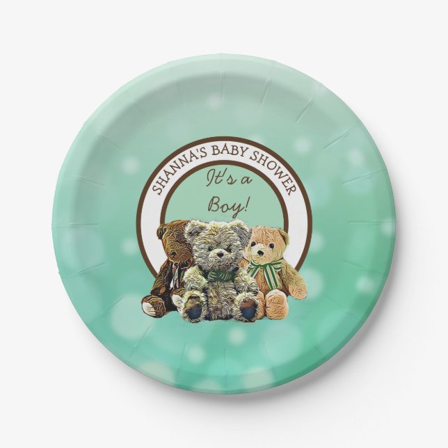 Plato De Papel Baby Shower de Green and Brown Teddy Bear Boy (Anverso)