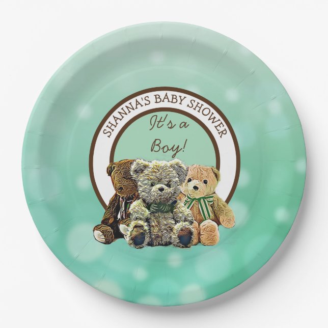Plato De Papel Baby Shower de Green and Brown Teddy Bear Boy (Anverso)