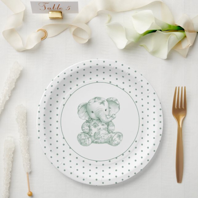 Plato De Papel Baby Shower de Green Elephant Polkadot (Boda)