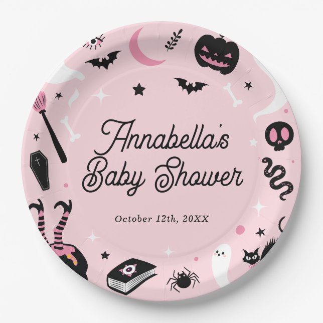 Plato De Papel Baby Shower de Halloween rosa (Anverso)