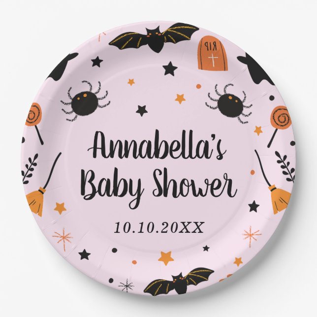 Plato De Papel Baby Shower de Halloween rosa (Anverso)