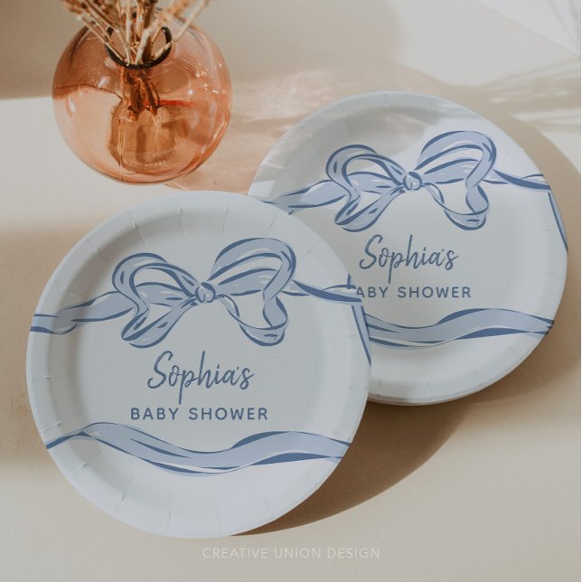 Plato De Papel Baby Shower de Hand Drake Blue Bow Boy (boy baby shower)