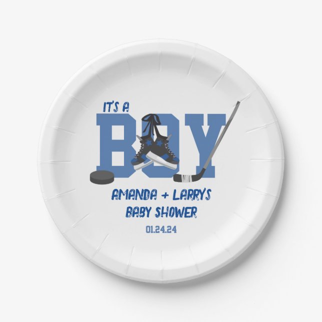 Plato De Papel Baby Shower de hockey sobre hielo (Anverso)