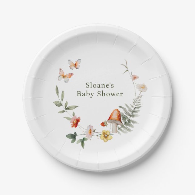 Plato De Papel Baby Shower de hongos boscosos encantados (Anverso)