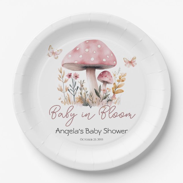 Plato De Papel Baby Shower de hongos rosados de Woodland (Anverso)