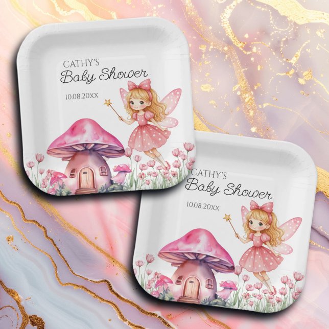 Plato De Papel Baby Shower de hongos rosados y hadas sonrientes (Subido por el creador)