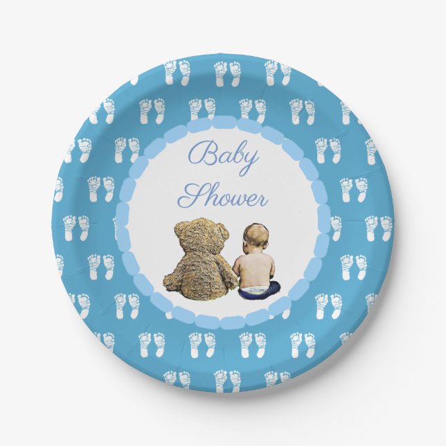 Plato De Papel Baby Shower de huellas azules para bebes y oseos (Anverso)