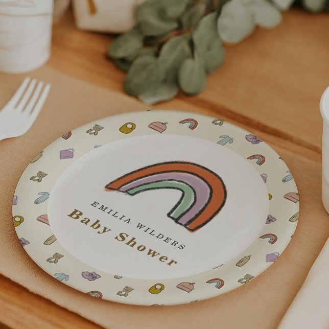 Plato De Papel Baby Shower de Ilustracion recién nacido en el arc (Rainbow Newborn Illustration Baby Shower Paper Plates)