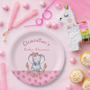 Plato De Papel Baby Shower de impresión de elefante rosa lindo