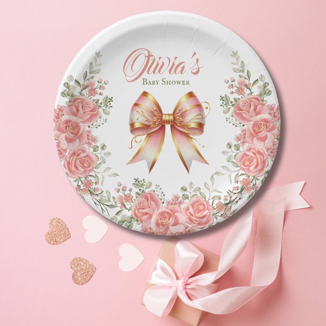 Plato De Papel Baby Shower de inflexión dorada y rosa (Subido por el creador)