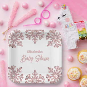 Plato De Papel Baby Shower de invierno con copo de nieve Rosa Ros