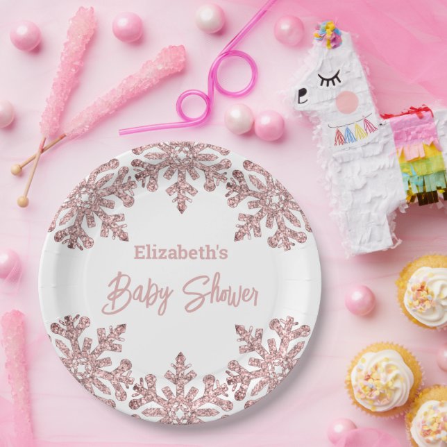 Plato De Papel Baby Shower de invierno con copo de nieve Rosa Ros (Fiesta)