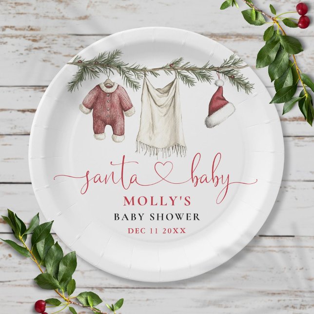 Plato De Papel Baby Shower de invierno de Santa Baby Clothesline (Santa Baby Clothesline Winter Baby Shower Paper Plates)
