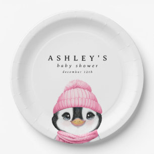 Plato De Papel Baby Shower de invierno Pink Penguin