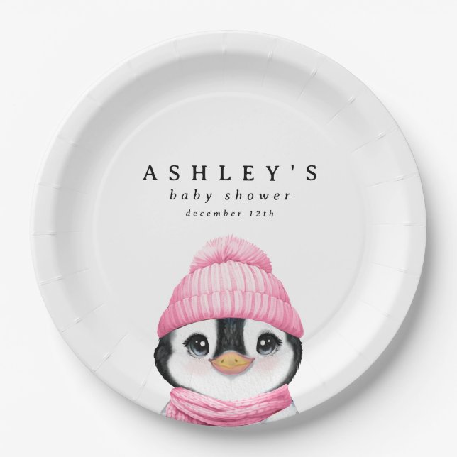 Plato De Papel Baby Shower de invierno Pink Penguin (Anverso)