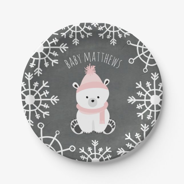 Plato De Papel Baby Shower de invierno Polar Bear Chica (Anverso)