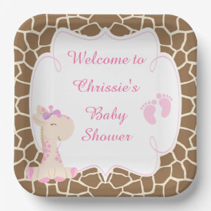 Plato De Papel Baby Shower de jirafa rosada