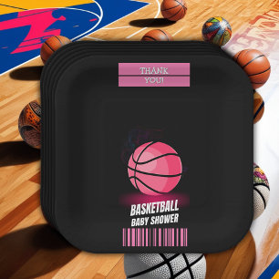 Plato De Papel Baby Shower de la boleta de baloncesto rosa modern