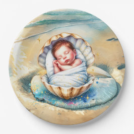 Plato De Papel Baby Shower de la costa marrón y azul del niño