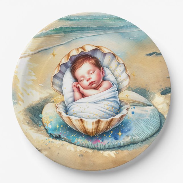 Plato De Papel Baby Shower de la costa marrón y azul del niño (Anverso)