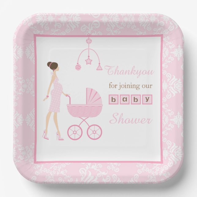 Plato De Papel Baby Shower de la mujer de la Brunette de Damask r (Anverso)
