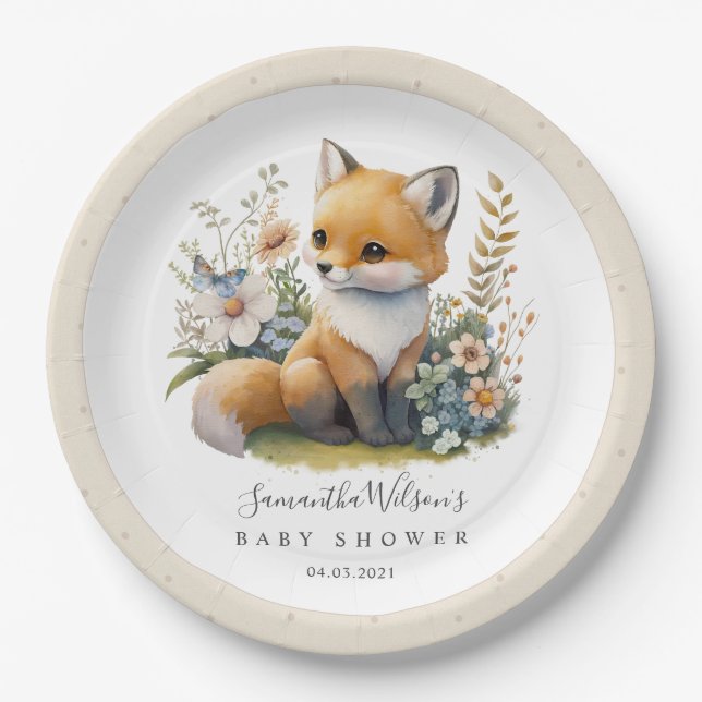Plato De Papel Baby Shower de la Primavera de Fox Woodland Baby (Anverso)