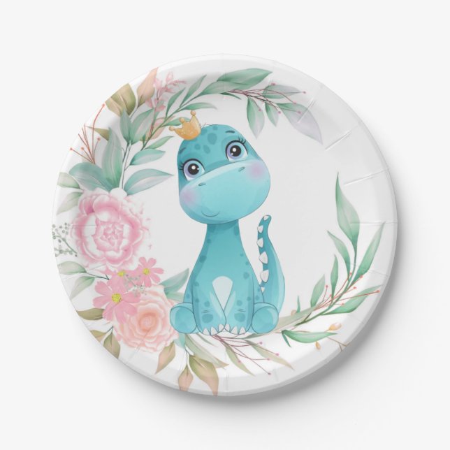 Plato De Papel Baby Shower de la princesa Aqua Dinosaur Pink Peon (Anverso)
