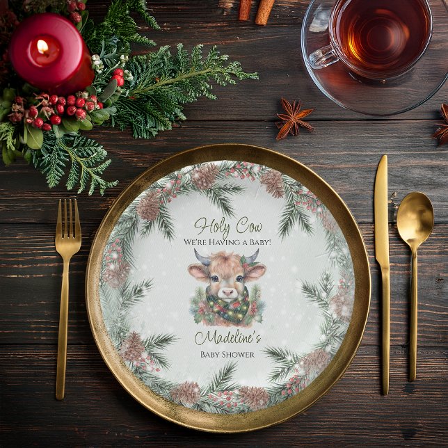 Plato De Papel Baby Shower de la vaca sagrada en Highland Holiday (Winter Holiday Highland "Holy Cow" Evergreen Baby Shower Paper Plates)