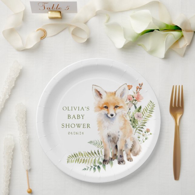 Plato De Papel Baby Shower de la zorra delgada de la naturaleza (Boda)