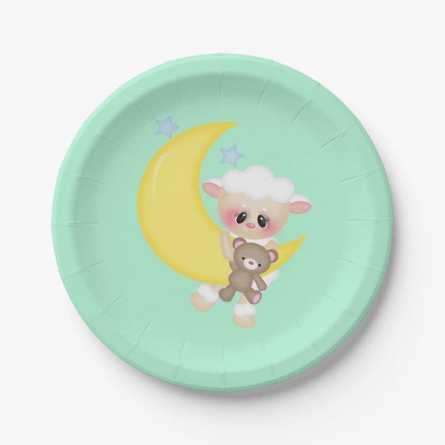 Plato De Papel Baby Shower de Lamb and Crescent Moon (Anverso)