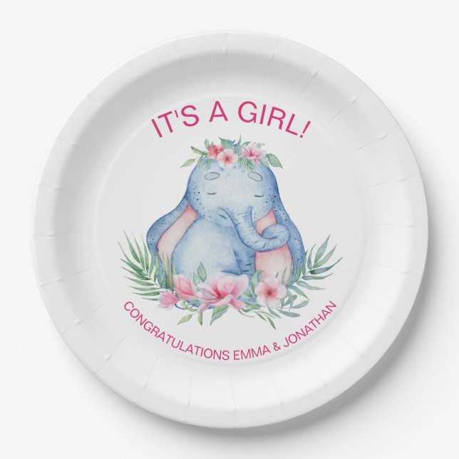 Plato De Papel Baby Shower de las flores tropicales del elefante  (Anverso)