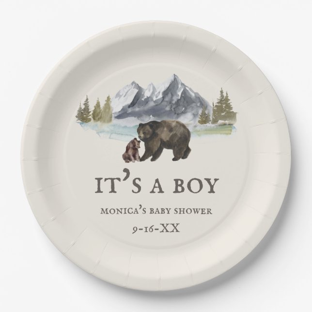 Plato De Papel Baby Shower de las montañas Bears  (Anverso)