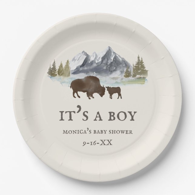 Plato De Papel Baby Shower de las montañas Buffalo Bison (Anverso)