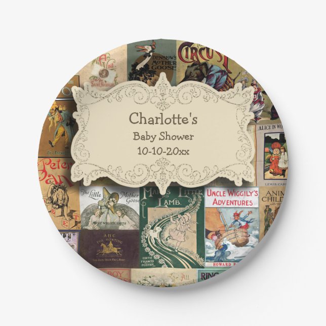 Plato De Papel Baby Shower de libros antiguos (Anverso)