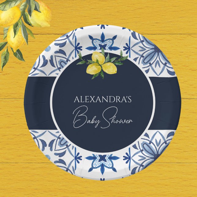 Plato De Papel Baby Shower de limón amarillo azul marino italiano (Subido por el creador)
