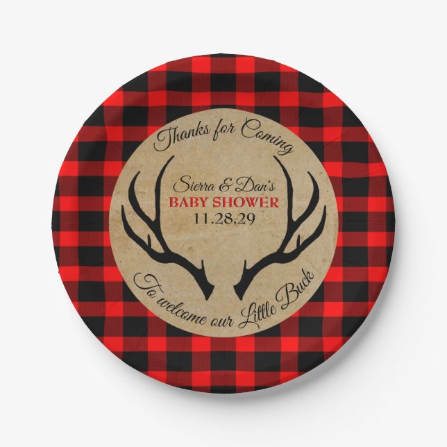 Plato De Papel Baby Shower de Little Buck Rustic Antlers (Anverso)