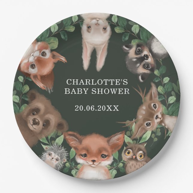 Plato De Papel Baby Shower de los animales de la selva verde de M (Anverso)