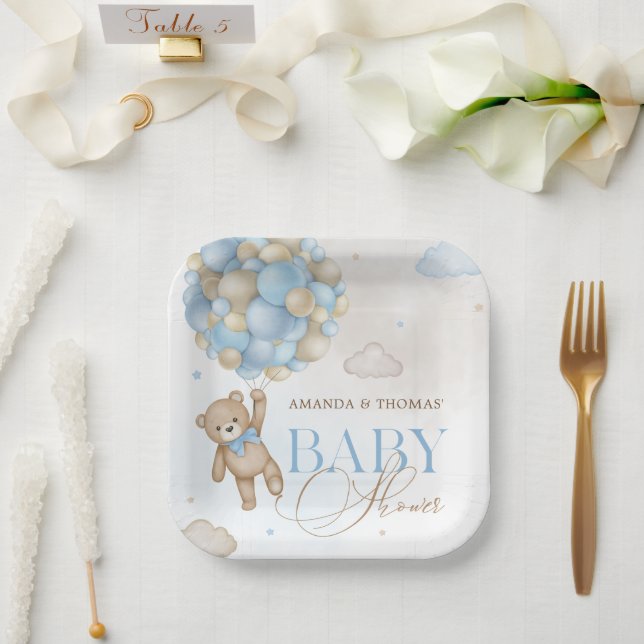 Plato De Papel Baby Shower de los globos de oso azul (Boda)