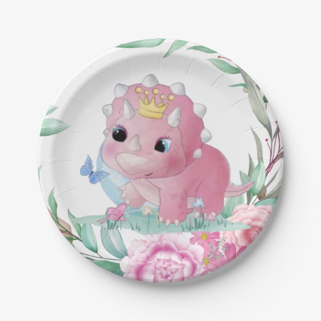 Plato De Papel Baby Shower de los pueblos rosados de los dinosaur (Anverso)