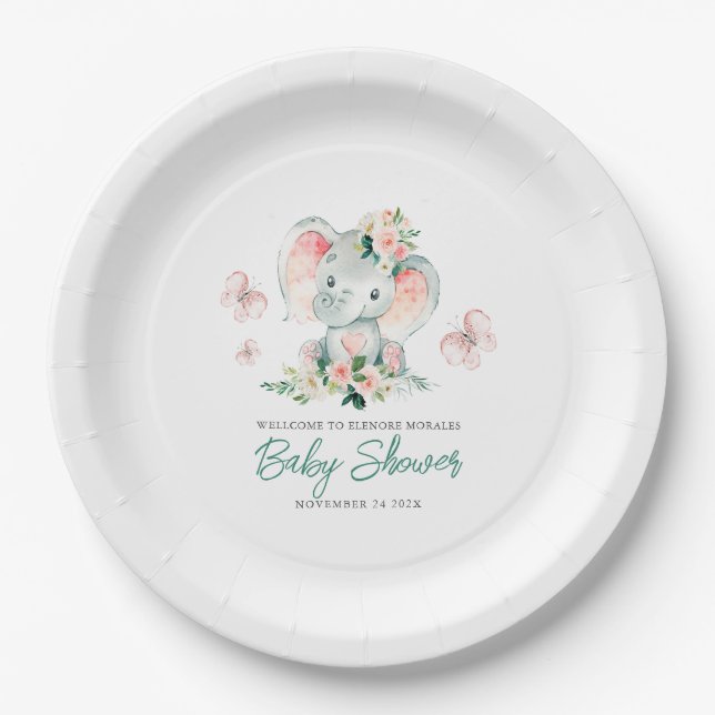 Plato De Papel Baby Shower de marco de elefante floral verde rosa (Anverso)