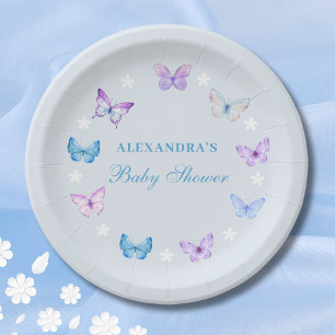 Plato De Papel Baby Shower de mariposa azul turbia rosa