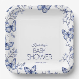 Plato De Papel Baby Shower de mariposa de Chinoiserie azul