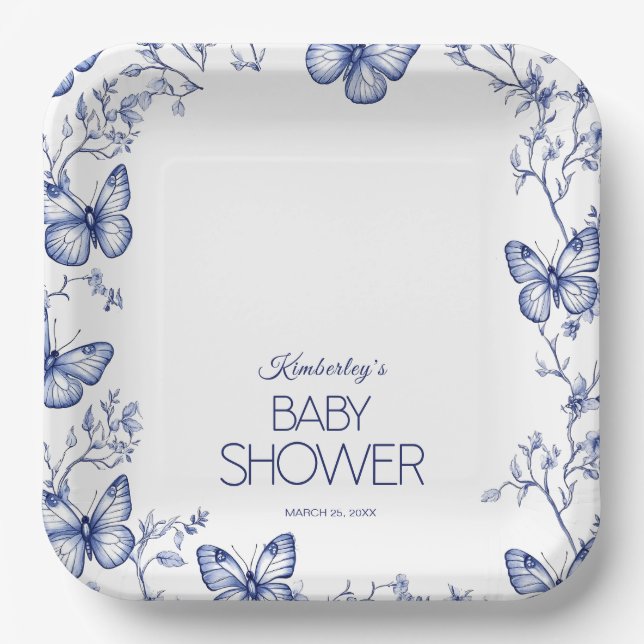 Plato De Papel Baby Shower de mariposa de Chinoiserie azul (Anverso)