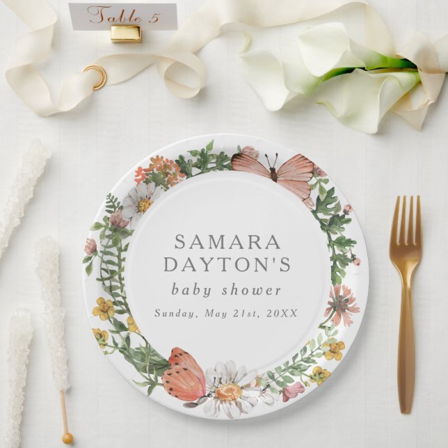 Plato De Papel Baby Shower de mariposa de flores silvestres bohem (Boda)