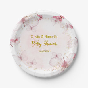 Plato De Papel Baby Shower de mariposa dorada rosada