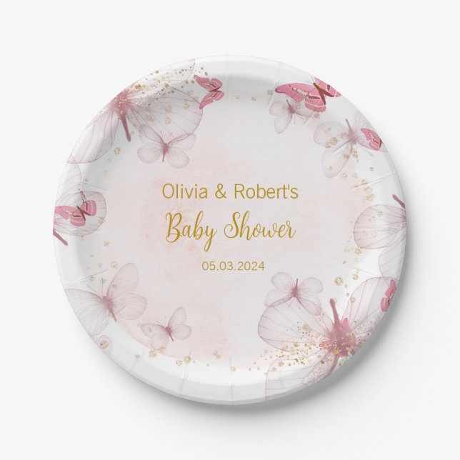 Plato De Papel Baby Shower de mariposa dorada rosada (Anverso)