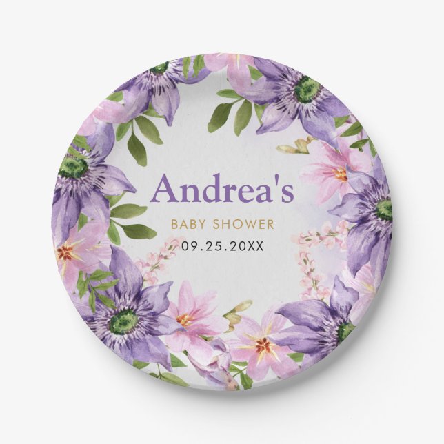Plato De Papel Baby Shower de mariposa morada (Anverso)
