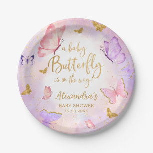 Plato De Papel Baby Shower de mariposa morada de oro rosa