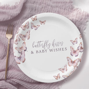 Plato De Papel Baby Shower de mariposa morada y rosa