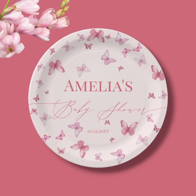 Plato De Papel Baby Shower de mariposa rosa suave (Subido por el creador)